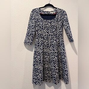 Boden Blue and White A-Line Dress with 3/4 Sleeves